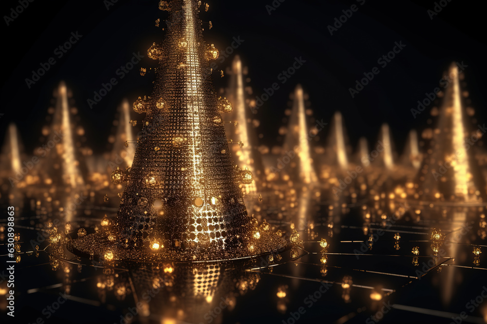 Abstract background with golden Christmas tree. Template for greeting card with copy space for text. Generative AI.