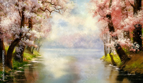 Spring in the park. Magical watercolor landscape with trees blooming on the river bank, bright colors, splashes of paint