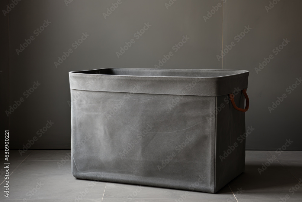 Large grey laundry basket neatly placed in small area. Home