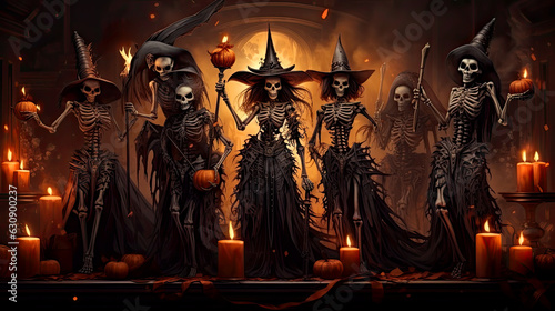 Happy Helloween, sceletons celebrate Halloween with pumpkins