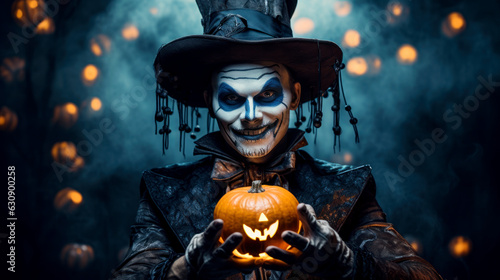 Fotografia, Obraz Happy Helloween, a vampire and horror clown celebrates Halloween with pumpkin
