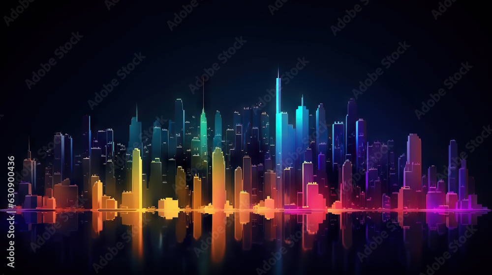 Colorful city skyline in the dark night - glowing colored neon style - generative AI