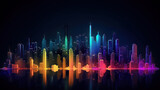 Colorful city skyline in the dark night - glowing colored neon style - generative AI