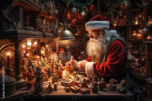 Santa Claus in his office in the toy factory room.
