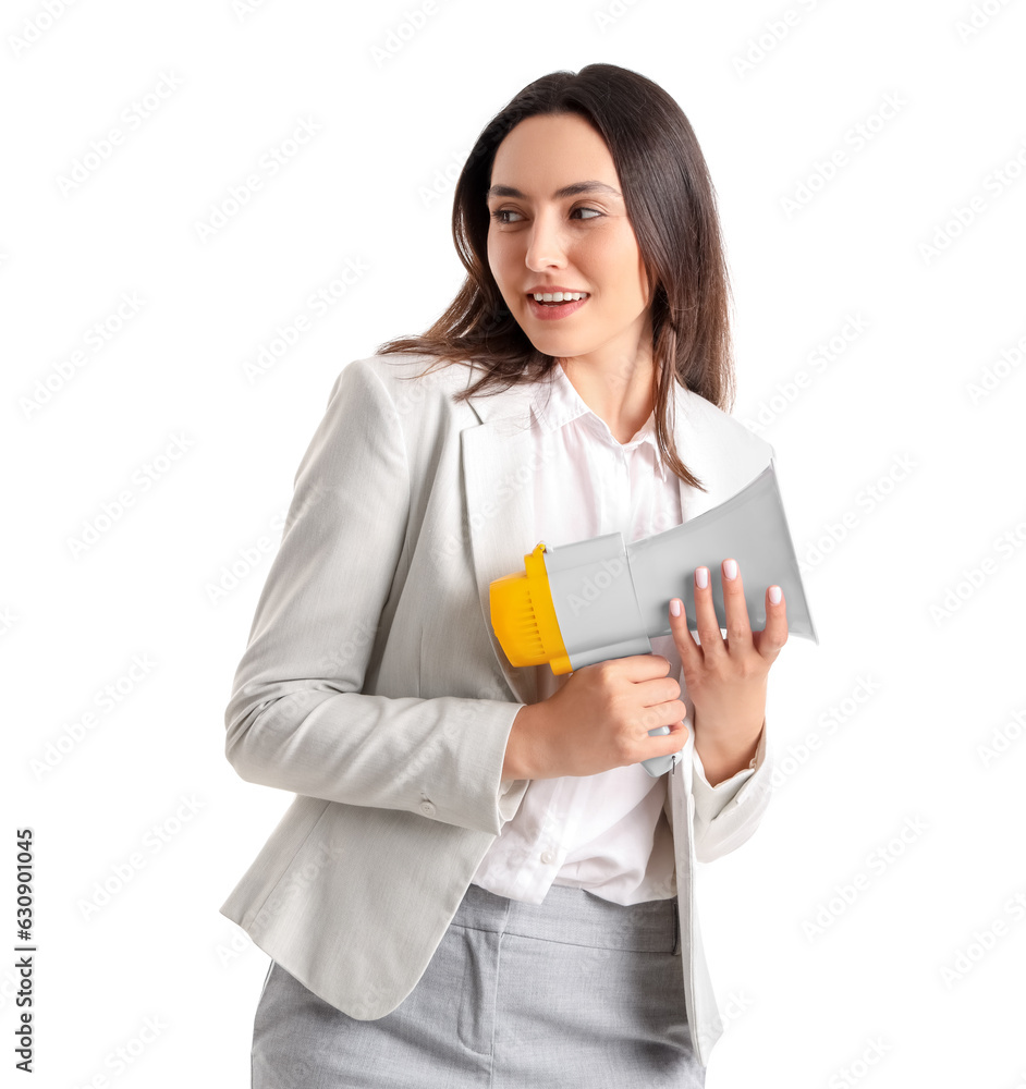 Young businesswoman in stylish suit with megaphone on white background Young businesswoman in stylish suit with megaphone on white background
