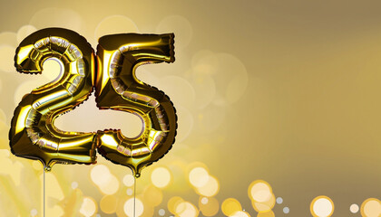 Banner with number 25 golden balloons with copy space. Twenty five years anniversary celebration concept on a yellow background with shiny bokeh.