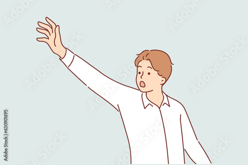 Agitated man raises his hand and shouts in attempt to draw attention to important issues