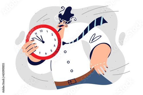Nervous man is afraid to miss deadlines and holds clock in hand, shouting motivational speeches