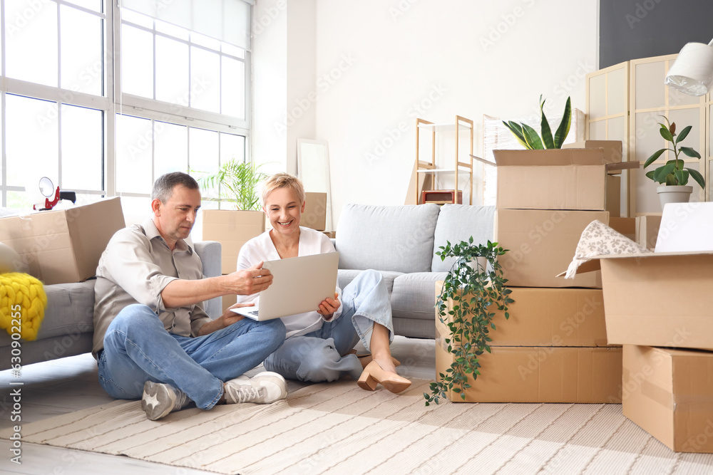 Mature couple using laptop in room on moving day Mature couple using laptop in room on moving day