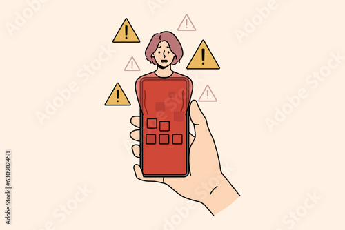 Red phone infected with virus in hand and panicking woman symbolize internet bullying and cyber attacks. Girl became victim of hackers and scammers hacked into phone or stole personal passwords