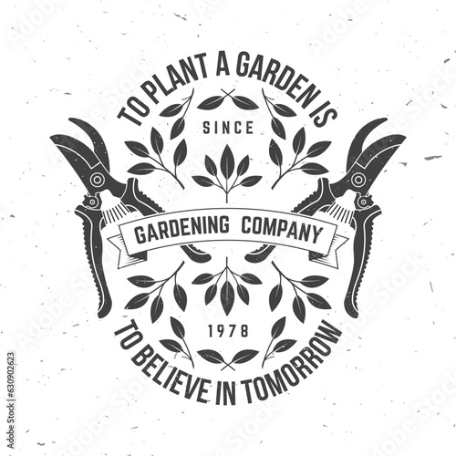 Gardening and yard work services emblem, label, badge, logo. Vector illustration. For sign, patch, shirt design with hand secateurs, garden pruner, gardening equipment silhouette.