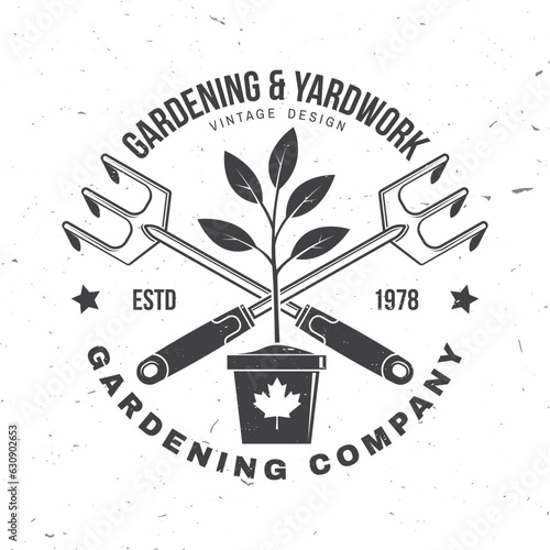Gardening and yard work services emblem, label, badge, logo. Vector illustration. For sign, patch, shirt design with hand garden rake, gardening equipment silhouette.