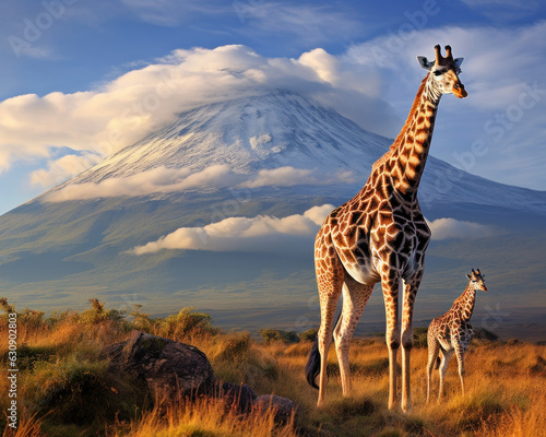 Giraffe on savannah with Mount Kilimanjaro in the background