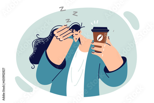 Tired woman drinks coffee to get rid of drowsiness and energize drink containing caffeine or taurine