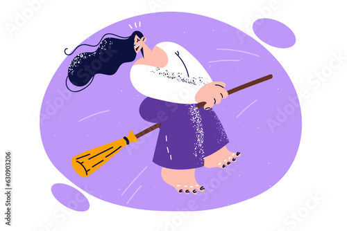 Woman witch flies on broom for cleaning and maintaining cleanliness in apartment and smiles