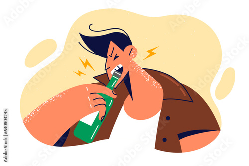 Man drunkard opens bottle beer with teeth and leads asocial lifestyle by abusing alcoholic beverages