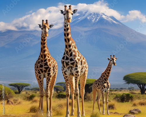 Giraffe on savannah with Mount Kilimanjaro in the background