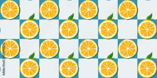 Beautiful and juicy orange slices. Chessboard and orange slices. Pattern for textiles, pillows, clothes, background, packaging, notepads. Seamless and stylish.