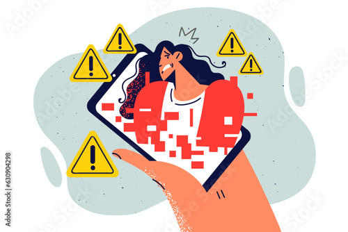 Hand with phone and error signs near woman is metaphor for communication and network problems