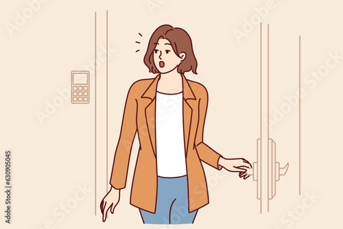 Woman enters hotel room and marvels at nice interior of temporary accommodation booked for vacation or weekend. Girl tourist stands at door of hotel apartment and looks around in surprise