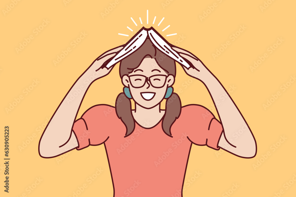 Happy girl student with book over head smile wanting to get new knowledge from textbook. Female student and bookworm to advertise educational goods and services or additional courses Happy girl student with book over head smile wanting to get new knowledge from textbook. Female student and bookworm to advertise educational goods and services or additional courses