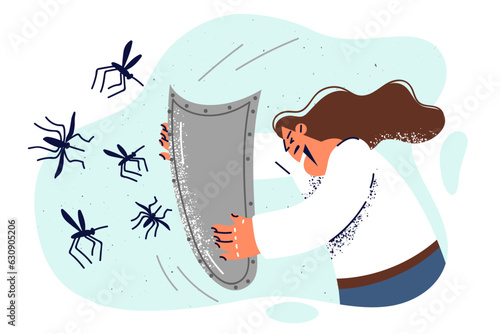 Maliary mosquitoes attack woman with shield, protect from bites of blood-sucking insects