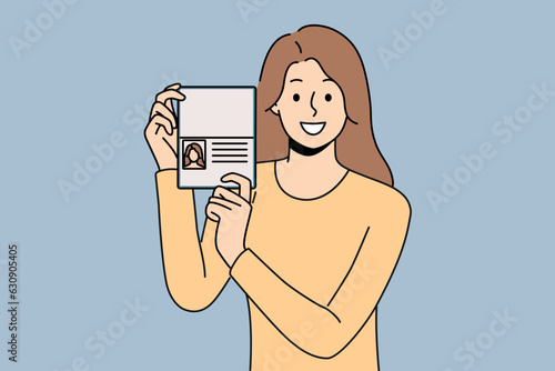 Woman demonstrates passport, rejoicing at receiving first id document or new citizenship after relocation. Dvushka kopeck piece with passport trying to get access to security room in office