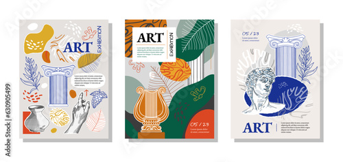 3 Art posters for the exhibition,  magazine or cover, vector template with sculpture art, Antique statues, geometric background, modern ancient Greek or Roman style. Neo Nostalgia banner collection. 