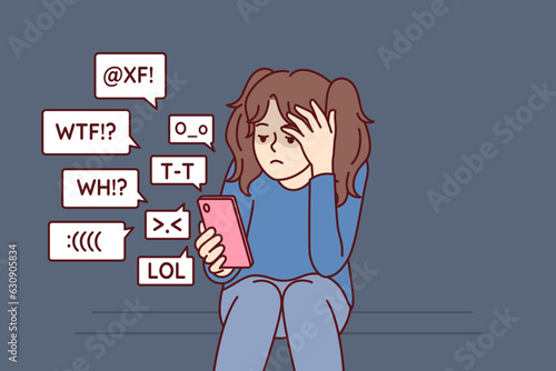 Little girl with phone suffers from bullying on social networks and angry comments that cause depression. Child with smartphone receives sms threats and needs protection from internet bullying