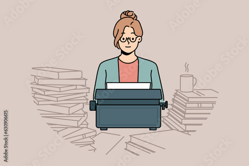 Woman with old typewriter sits at table with books, works as poet in literary magazine and comes up with new novel. Smart girl journalist or copywriter uses vintage typewriter instead of computer