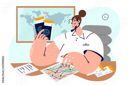 Woman travel agency manager holding passport and plane tickets sitting at office desk near world map