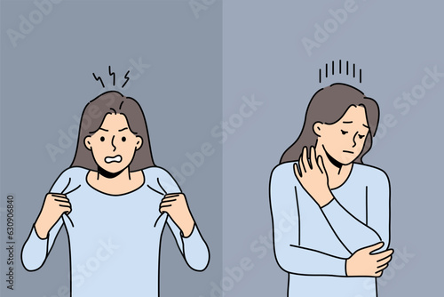 Woman shows anger and insecurity demonstrate emotions after receiving news of boyfriend infidelity. Two girls with different emotions and mental states need psychological support service