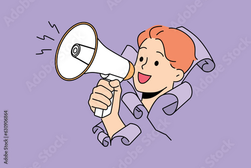 Man shouts into megaphone, sticking head out of hole in paper and calling for attention to advertising campaign. Guy with megaphone in hand symbolizes activism in order to draw attention to problems
