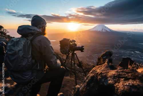 Man hiker with backpack on top of the mount Kilimanjaro, looking at the snow slope. Concept motivation and goal achievement