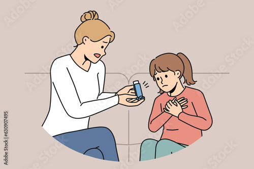 Girl suffering from asthma sits near mother with inhaler during allergic attack that makes it difficult to breathe. Caring woman helping daughter cope with asthma taking care of health of minor child