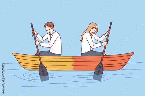 Disagreement in team company sitting in wooden boat and mushrooming with oars in different directions. Man and woman office employees experience disagreements that negatively affect business processes