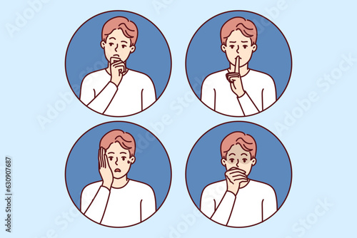 Emotional man with different moods shows thoughtful or frightened grimace and calls for silence. Emotional expressive guy feels fear and horror and says shh putting finger to mouth.