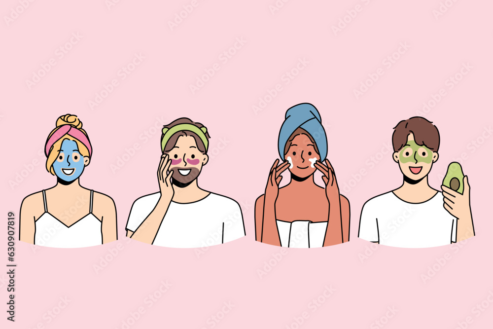 People with beauty masks on faces use organic creams to get rid of wrinkles and rejuvenate skin. Man and woman apply hygienic beauty masks, wanting to remove bruises under eyes or acne People with beauty masks on faces use organic creams to get rid of wrinkles and rejuvenate skin. Man and woman apply hygienic beauty masks, wanting to remove bruises under eyes or acne
