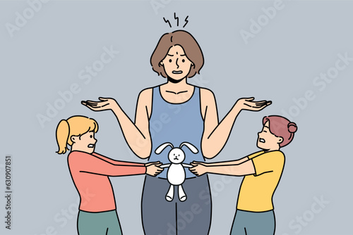 Conflicting children over toy and embarrassed mother throwing up hands and needing help of nanny. Two hyperactive conflicting girls fight over plush bunny, not wanting to share with sister