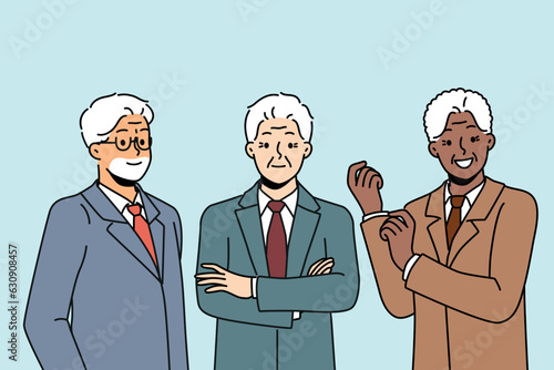 Multiethnic senior businesspeople in formal wear smiling and looking confidently at screen. Multiracial businesspeople founders of corporation or members of board of directors in investment company