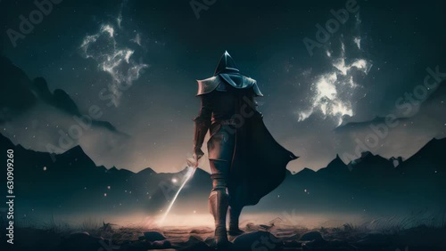 An intimidating crusader stands resolutely against a starry night sky holding his longsword offensively before him. Fantasy art. AI generation. photo