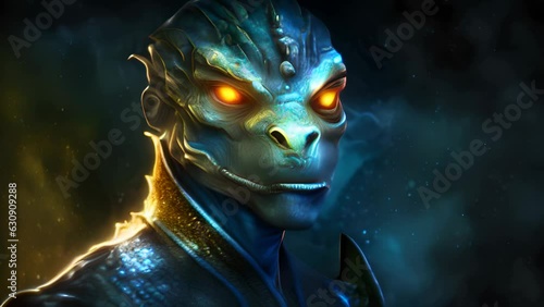 A reptilian figure with glowing yellow eyes. Fantasy art. AI generation.