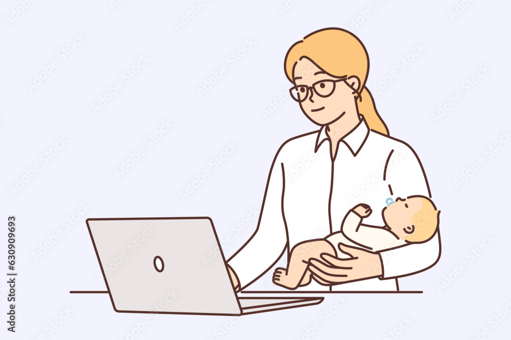 Businesswoman works with baby in arms using laptop to complete freelance orders online Businesswoman works with baby in arms using laptop to complete freelance orders online