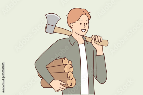 Man lumberjack holds ax and logs for making fire during hike or camping with night halt