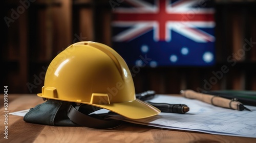 yellow protective helmet of builder or architect on a wooden table against the background of the flag. labor day in Australia. 