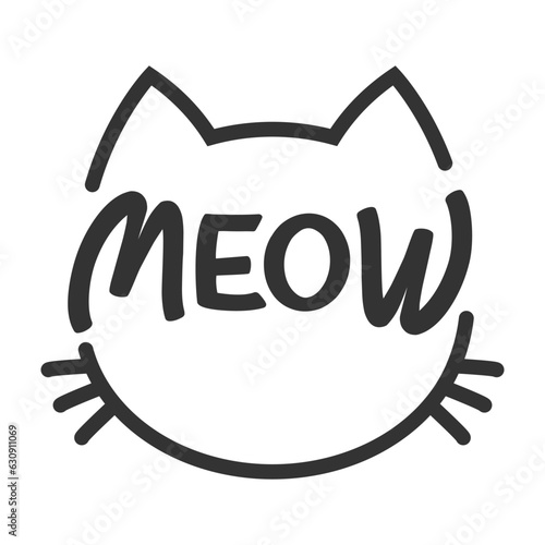 Meow lettering inside cat head pictogram, with ears and whiskers. Cute design for feline lovers and cat moms.