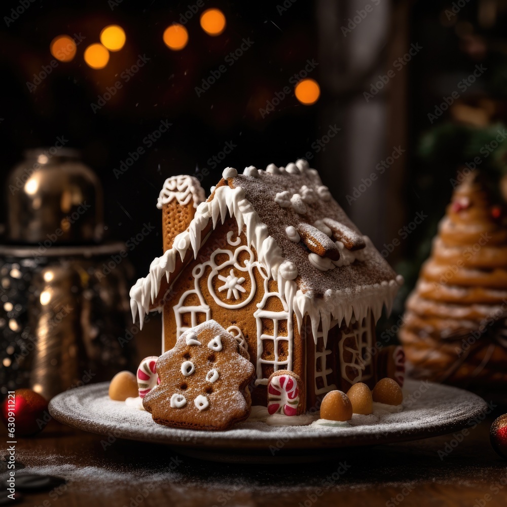 gingerbread house with powdered sugar for Christmas on festive background. holiday concept. gingerbread house with powdered sugar for Christmas on festive background. holiday concept.