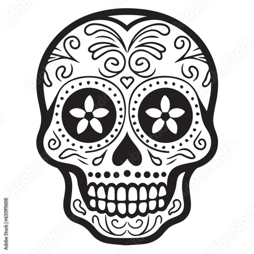 skull drawing decorated with motifs, mexica culture drawing, eps, ready to print, can be used as editable stickers and tattoos