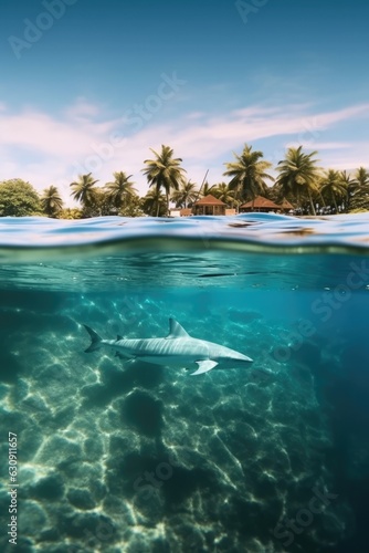 underwater and surface world. sharks against the backdrop of a vibrant coral reef teeming with marine biodiversity, with an island paradise on the surface.  © Margo_Alexa