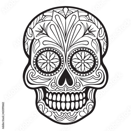 skull drawing decorated with motifs, mexica culture drawing, eps, ready to print, can be used as editable stickers and tattoos